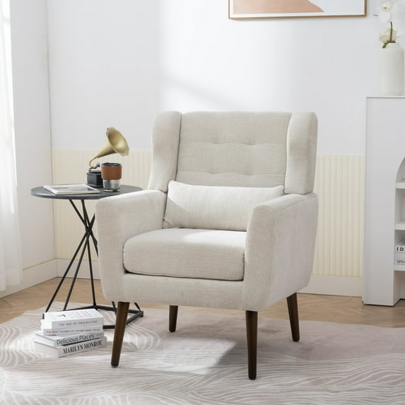 Modern Accent Chair, Upholstered Fabric Accent Armchair with Wood Legs, Single Sofa Chair Comfy Reading Chair Mid Century Lounge Arm Chairs for Bedroom/Office/Reading Spaces, Beige