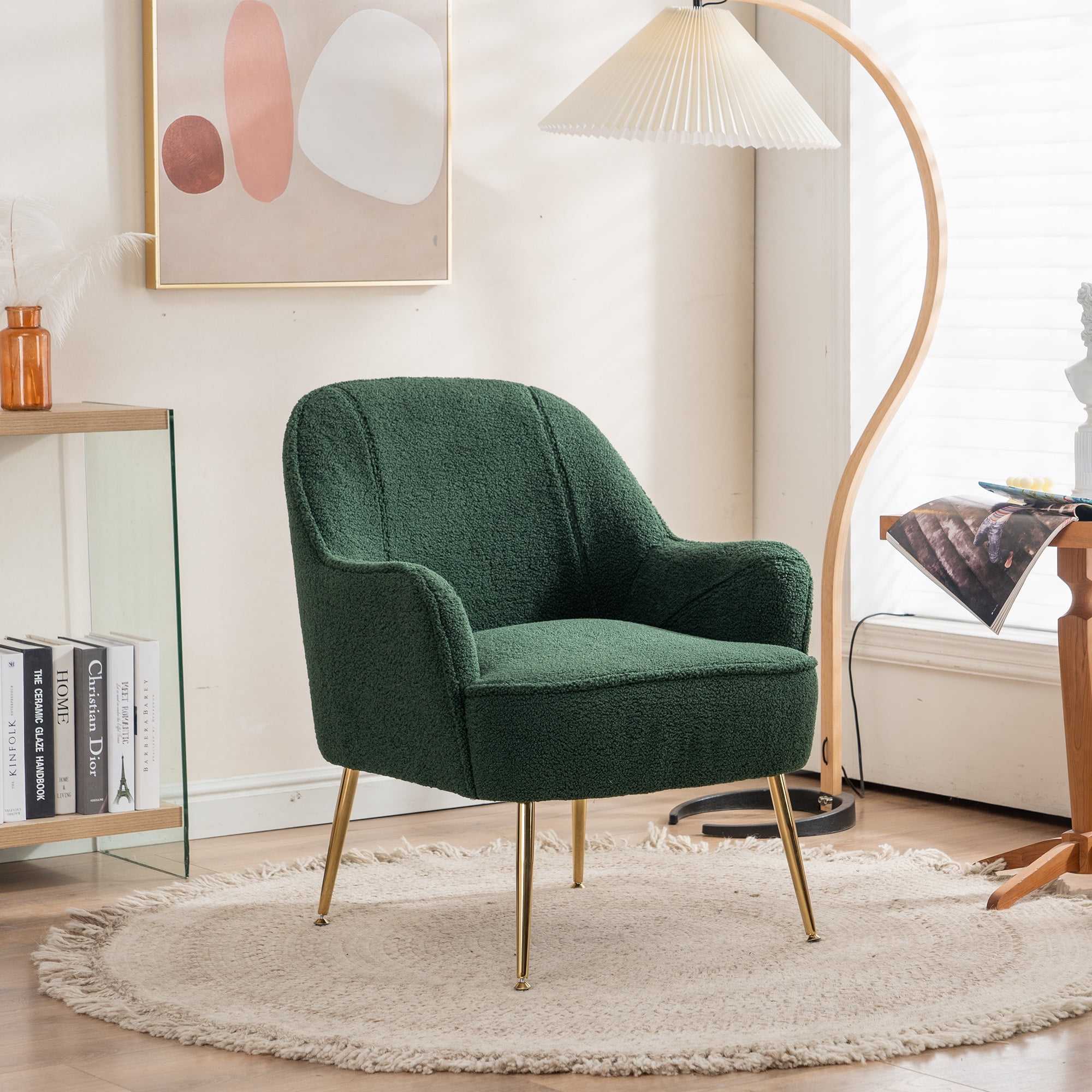 Modern Accent Chair Upholstered Fabric Chair Living Room Chair with Gold Metal Legs Comfy Lounge Chair Single Sofa Armchair Cute Vanity Chair Club