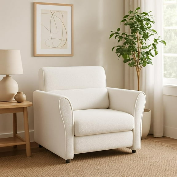 Modern Accent Chair, Upholstered Furry Sherpa Boucle Reading Armchair, Mid-Century Lounge Single Sofa for Bedroom, Living Room, Home Office - Ivory