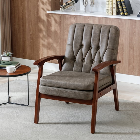 Modern Accent Chair,Upholstered Tufted Lounge Chair with Wooden Armrest,Living Room Chair Single Armchair with Solid Wood Frame and Padded Seat,Lesiure Reading Chair for Living Room Bedroom,Brown