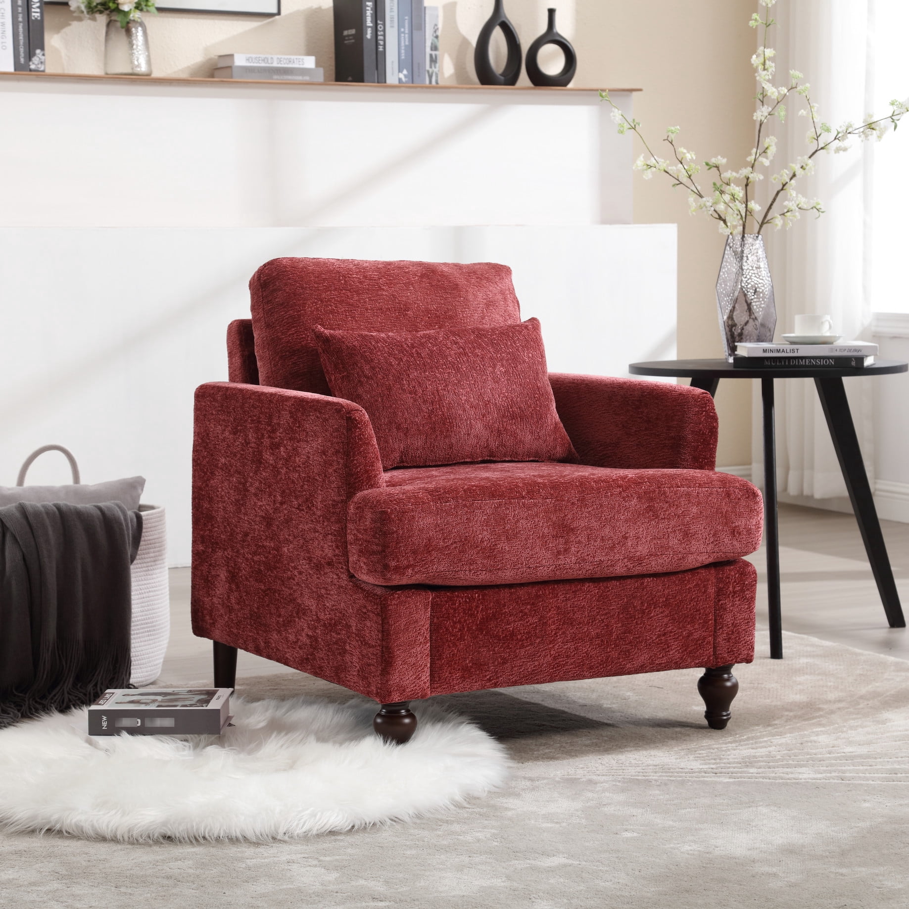 Modern Accent Chair In Wine Red Chenille Fabric - Solid Wood Frame For ...