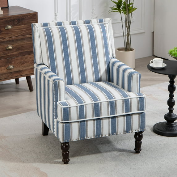 Villeston Mid-Century Accent Chair Solid Print Removable Back Cushion Armchair, Blue Stripes