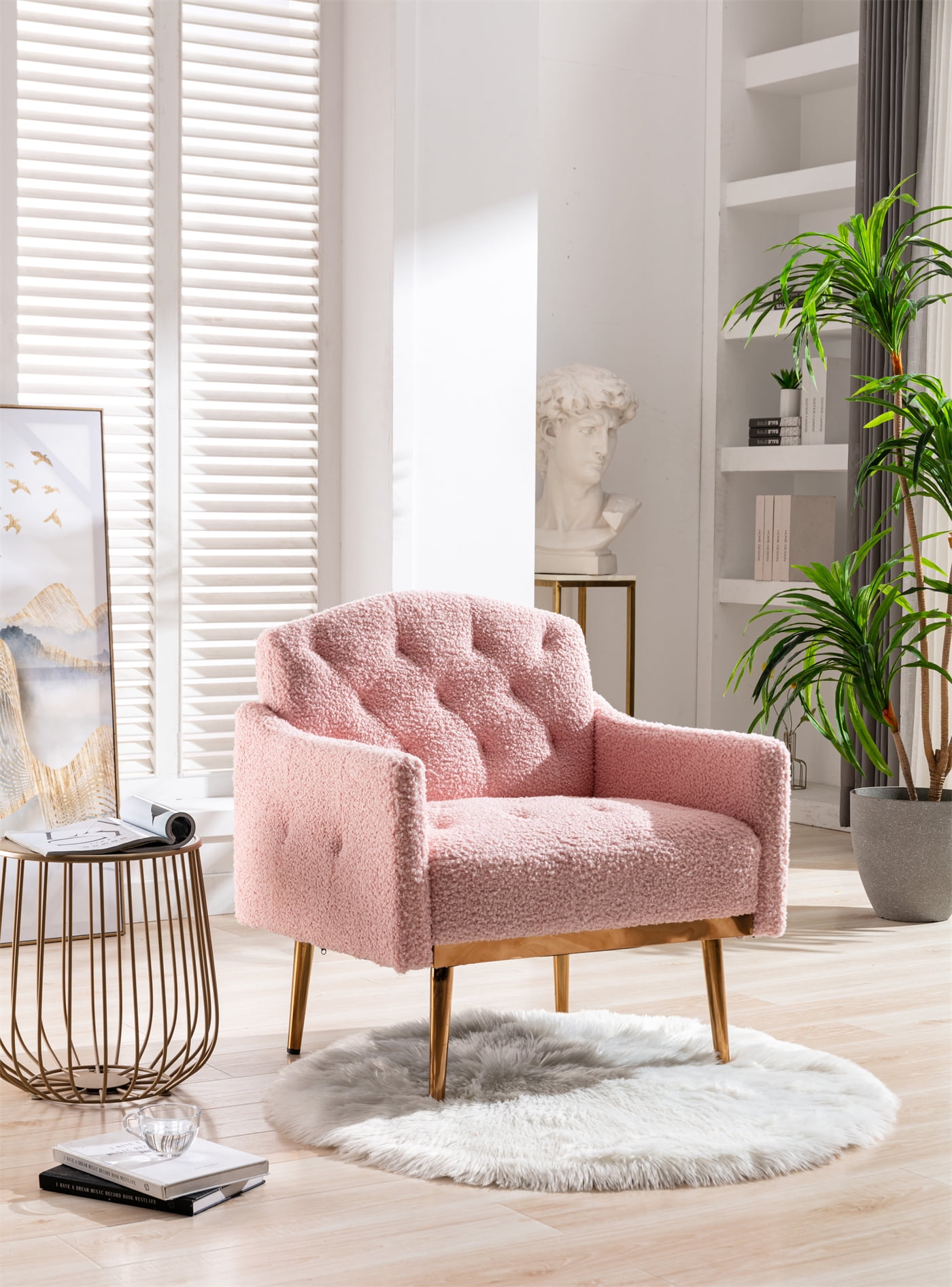Modern Accent Chair for Living Room, Teddy Fabric Upholstered Armchair,  Vanity Chair with Rose Golden Metal Feet Bedroom, Pink 