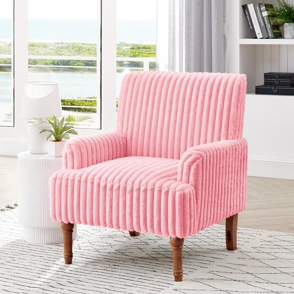 Modern Accent Chair with 2" Wide Wale Corduroy, 9" Solid Wood Legs, Comfortable Upholstered Armchair in Pink for Living Room