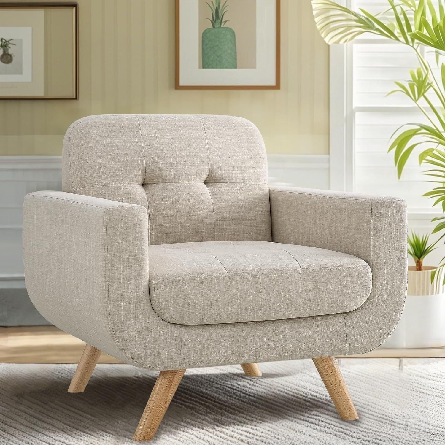 Modern Accent Chair with Linen Fabric, Soft Ergonomic Upholstered Armchair Comfy Single Sofa Lounge Chair for Living Room, Apartment, Office,Beige