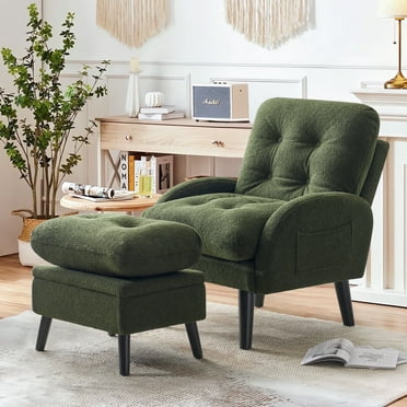 JULY'S SONG Modern Accent Chair with Ottoman, Adjustable Backrest Sherpa Reading Chair with Storage Ottoman for Living Room, Bedroom (Teddy Fabric, Green)