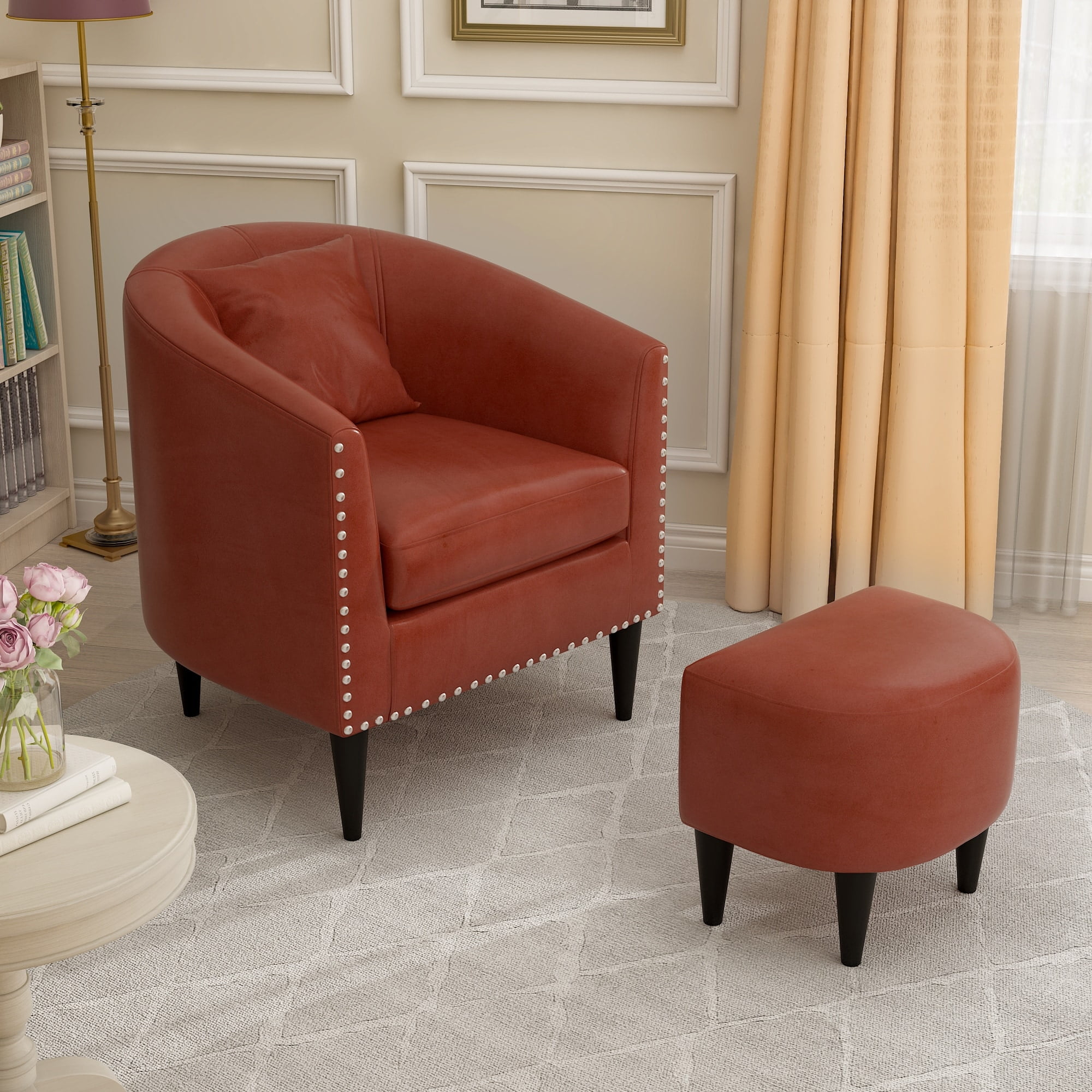 Brown Faux Leather Barrel Accent Chair with Ottoman