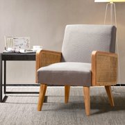 Modern Accent Chair with Rattan Arm, Fabric Upholstered Wood Reading Armchair for Living room Bedroom,Gray
