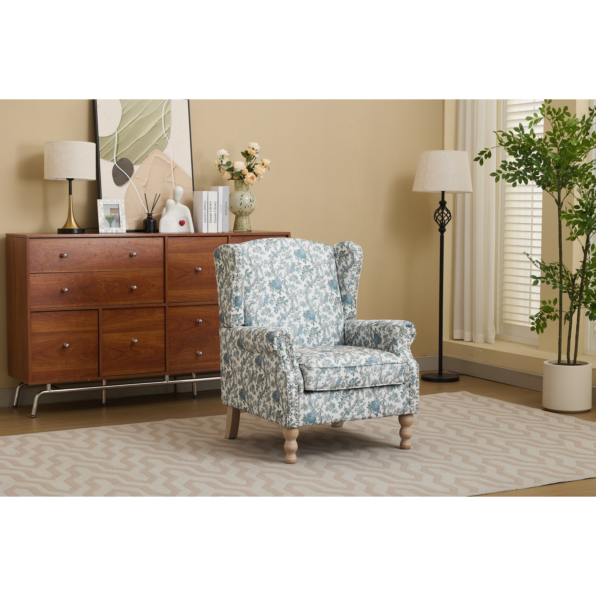Modern Accent Chair with Retro Wood Legs, Comfy Upholstered Armchair, Floral Design Single Sofa Chair for Living Room Bedroom Office