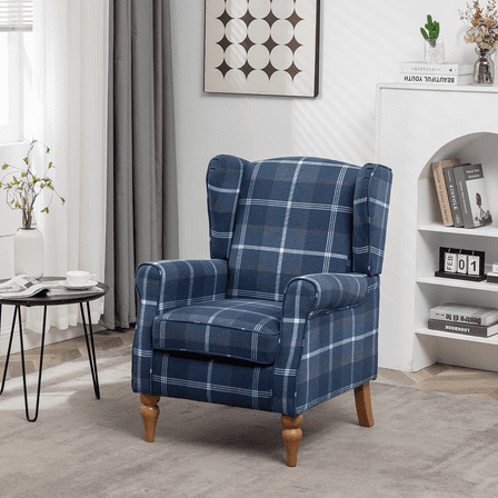 Modern Accent Chair with Retro Wood Legs, Comfy Upholstered Armchair ,Tantan Check Design Single Sofa Chair for Living Room Bedroom Office -- Blue