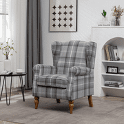 Modern Accent Chair with Retro Wood Legs, Comfy Upholstered Armchair ,Tantan Check Design Single Sofa Chair for Living Room Bedroom Office -- Grey