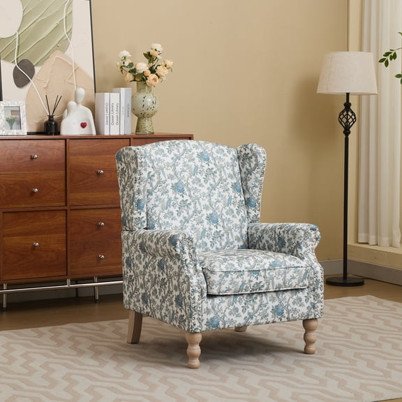 Modern Accent Chair with Retro Wood Legs and Floral Design, Upholstered Wingback Armchair for Living Room and Bedroom, Antique Blue