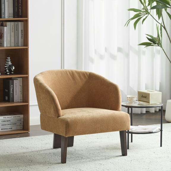 Modern Accent Chair with Round Back & Wooden Legs - Mid-Century Inspired Lounge Chair for Living Room/Bedroom/Office (Soft Fabric Upholstery)