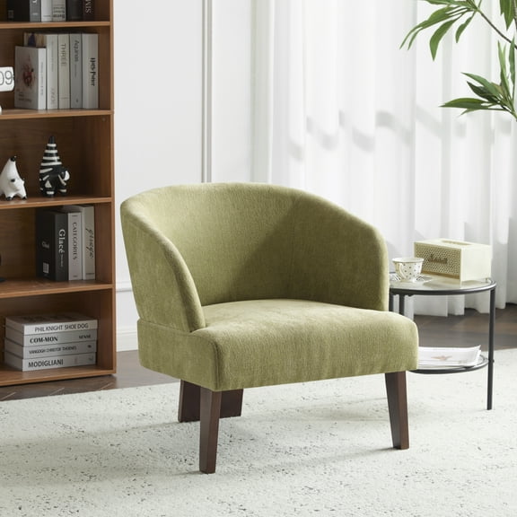 Modern Accent Chair with Round Back & Wooden Legs Mid-Century Inspired Lounge Chair for Living Room, Bedroom, or Office Soft Fabric Upholstery