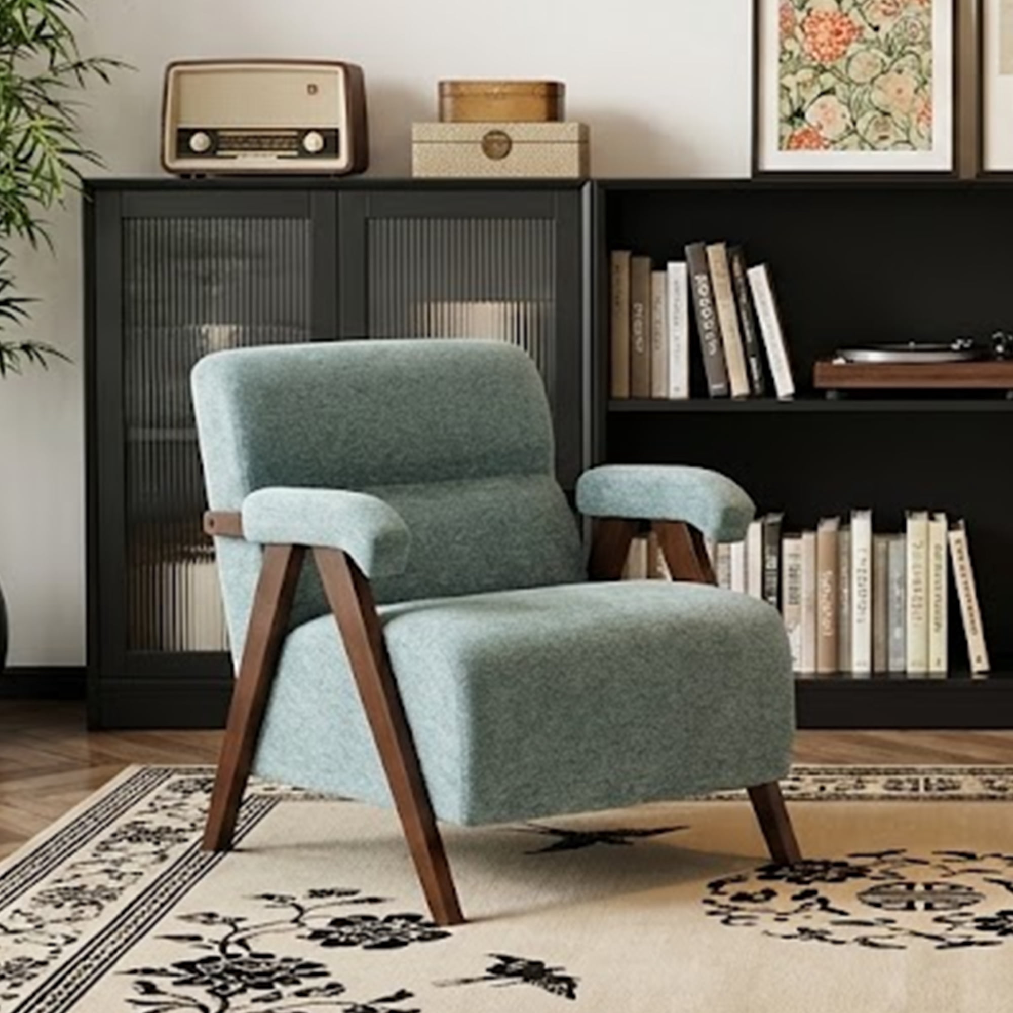 Modern Accent Chair with Solid Wood Frame, Upholstered Living Room Chairs with Thick Cushion, Tufted Armchair for Reading Room, Bedroom