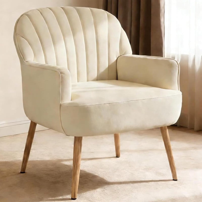 Modern Accent Chair with Velvet Fabric, Soft Ergonomic Upholstered Armchair Comfy Single Sofa Lounge Chair for Living Room, Apartment, Office,Beige