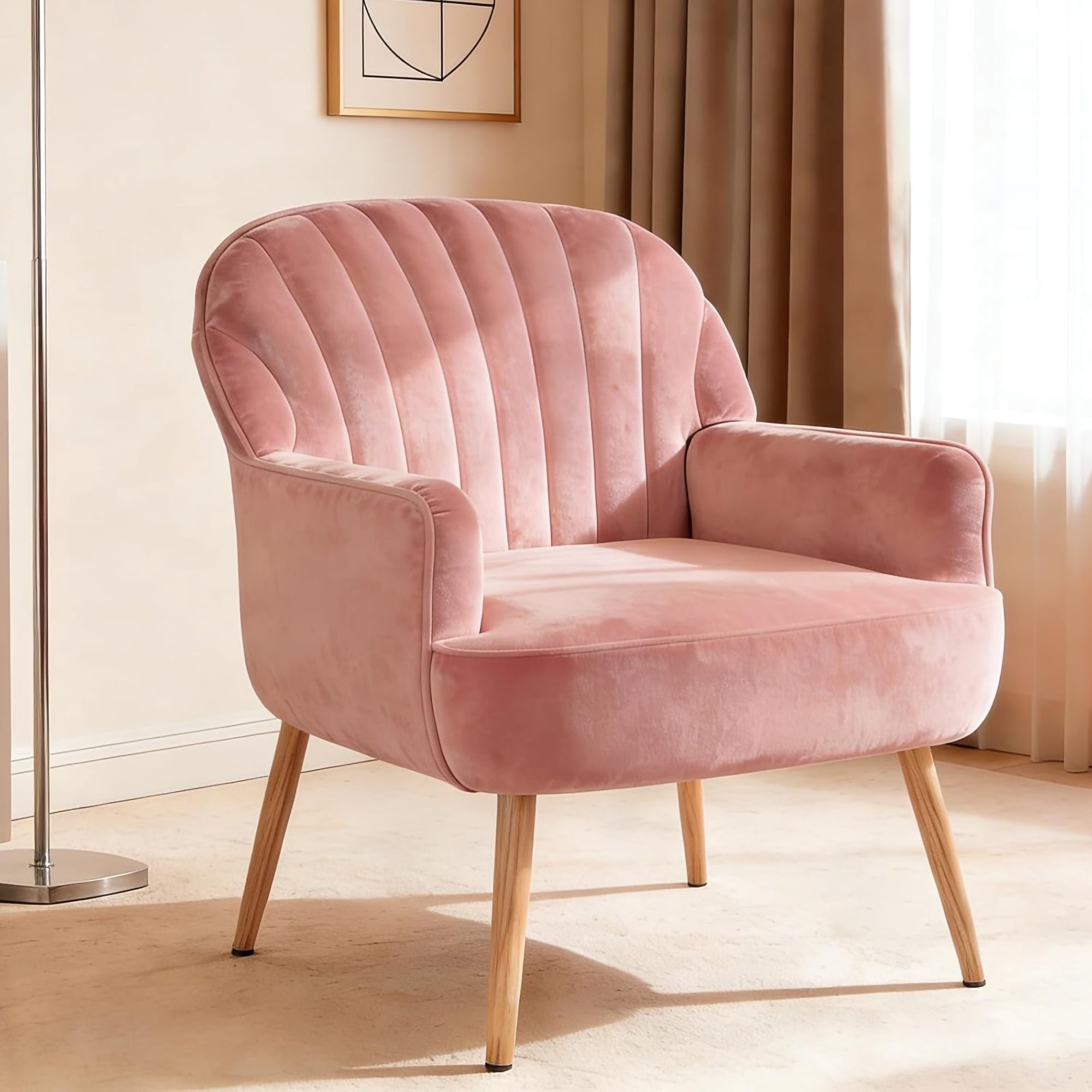 Modern Accent Chair with Velvet Fabric, Soft Ergonomic Upholstered Armchair Comfy Single Sofa Lounge Chair for Living Room, Apartment, Office,Pink