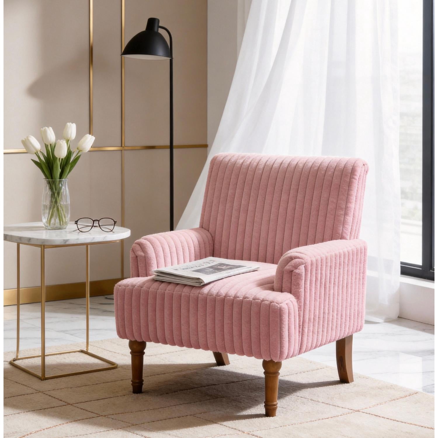 Modern Accent Chair with Wide Wale Corduroy, 9 Inch Solid Wood Legs, Upholstered Armchair with Thick High-Density Foam Cushion for Living Room, Pink