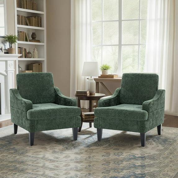 Modern Accent Chairs Set of 2 Upholstered Reading Chair for Bedroom with Side Pockets Comfy Living Room Chairs Living Room Armchair for Office, Apartment (Green Chenille)