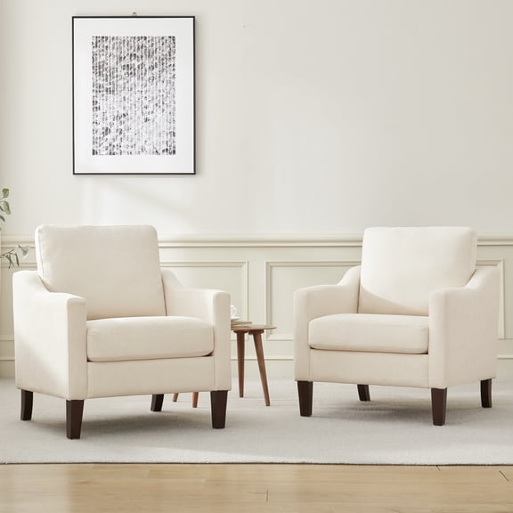Modern Accent Chairs Set of 2, Polyester Upholstered Single Chairs with Wood Legs, Reading Armchairs for Living Room, Bedroom, Office,Beige
