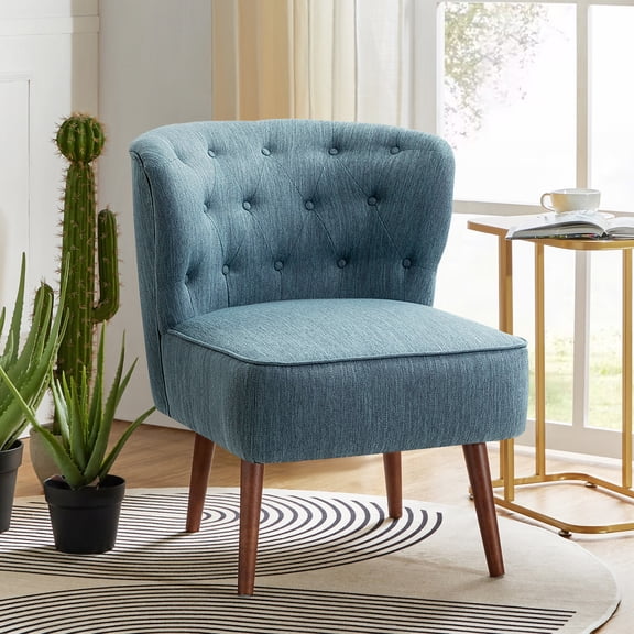 Modern Accent Dining Chair Wood Legs Upholstered Tufted Armless Vanity Slipper Side Chair Living Bedroom Home Kitchen Blue