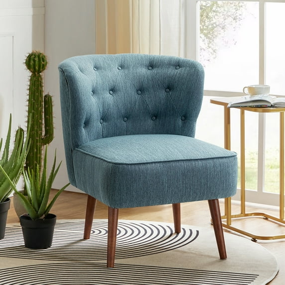 Modern Accent Dining Chair Wood Legs Upholstered Tufted Armless Vanity Slipper Side Chair Living Bedroom Home Kitchen Blue