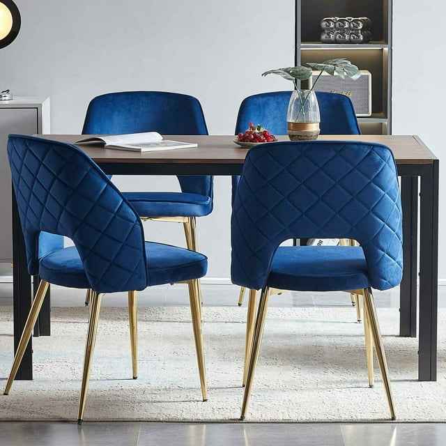 Modern Accent Dining Chairs Set of 4, Upholstered Velvet Dining Room Chairs with Hollow Back, Tufted Kitchen Chairs Side Chairs with Gold Metal Legs for Living Room Restaurant, Blue