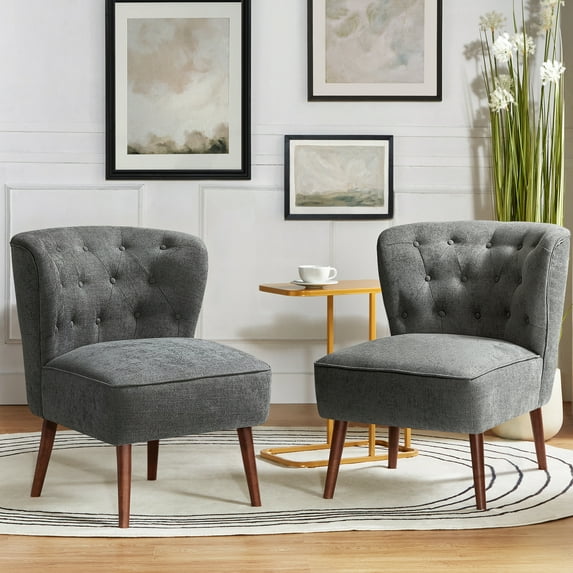 Modern Accent Dining Chairs Set of 2 Wood Legs Upholstered Tufted Armless Vanity Slipper Side Chair Living Bedroom Home Kitchen Grey