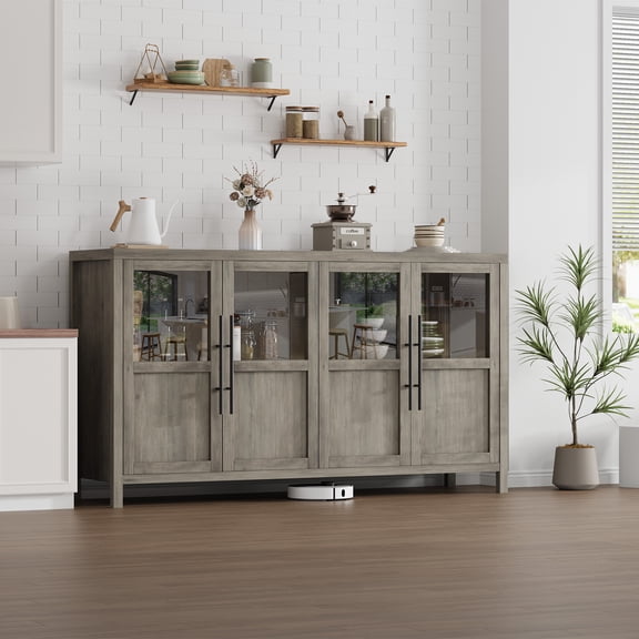 Modern Accent Multi-functional Buffet Sideboard Cabinet with 4 Glass Doors and Shelves, Farmhouse 55"W Large Storage Cabinet Console Table for Kitchen Dining Room, Living Room, Hallway