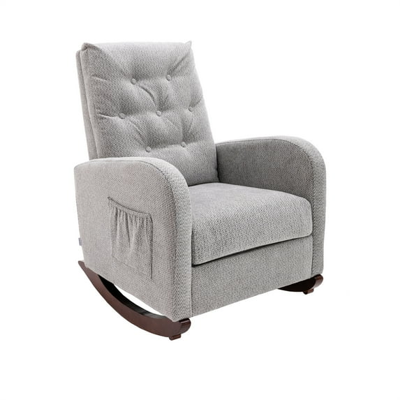 Modern Accent Nursery Rocking Chair with Plywood Frame and Wooden Legs,High Back Rocker Chair with Button Tufted Back and Side Pocket,Velvet Upholstered Rocking Armchair for Living Room,Gray