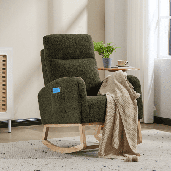 Modern Accent Rocking Chair Rocking Chair with Solid Wood Legs, Upholstered Nursery Glider Rocker, Comfy Armchair with Side Pocket, Living Room Lounge Arm Chair with High Backrest (green,teddy)
