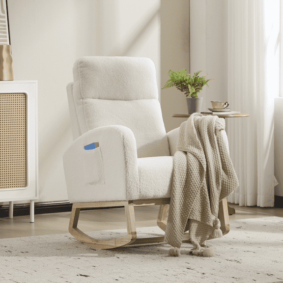 Modern Accent Rocking Chair Rocking Chair with Solid Wood Legs, Upholstered Nursery Glider Rocker, Comfy Armchair with Side Pocket, Living Room Lounge Arm Chair with High Backrest (white,teddy) No.77
