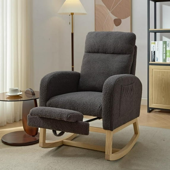 Wooden Rocking Chairs Modern Accent Rocking Chair Rocking Chair with Solid Wood Legs, Upholstered Nursery Glider Rocker, Comfy Armchair with Side Pocket, Living Room Lounge Arm Chair with High Backre