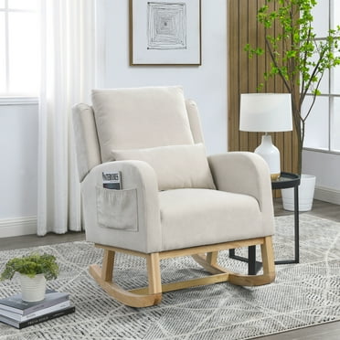 Modern Accent Rocking Chair with Side Pockets and High Back, Single Sofa Reclining Chair with Lumbar Pillow for Nursery, Living Room, Bedroom, Teddy White, Beige