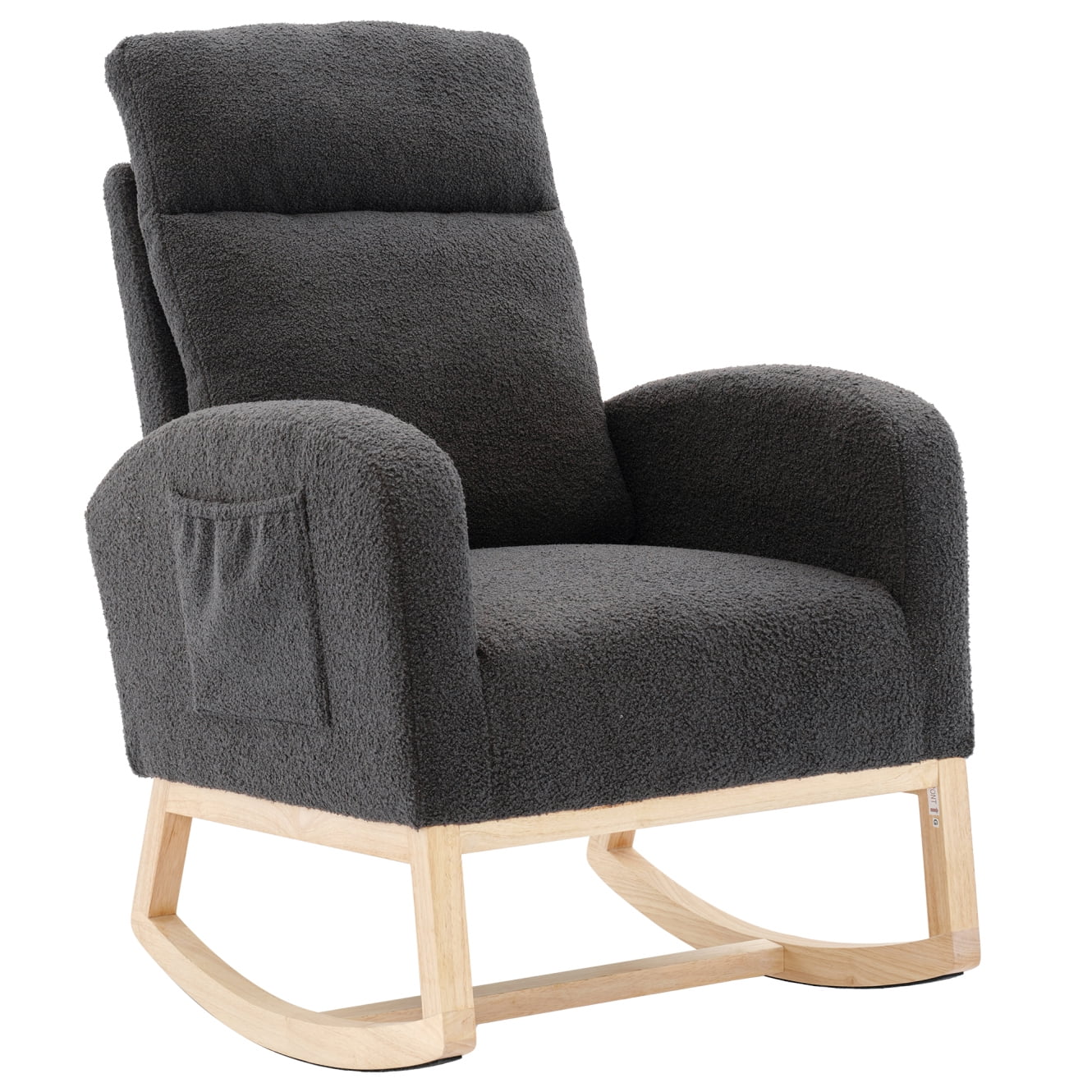 Modern Accent Rocking Chair with Solid Wood Legs Mid Century Nursery Rocking Armchair with Ergonomic High Backrest Glider Rocker with Side Pocket for Living Room Lounge and Bed Room Dark Gray