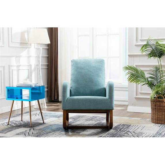 Modern Accent Rocking Chair, Upholstered Glider Rocker Chair with Solid Wood Base, High Back and Side Pocket, Indoor Lounge Armchair for Living Room Bedroom Nursery, Blue