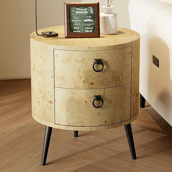 Modern Accent Rustic Round Nightstand with 2 Drawers, 300LBS Tabletop Load Wooden Bedside Table, Mid - Century End Table with Metal Legs for Bedroom/Living Room