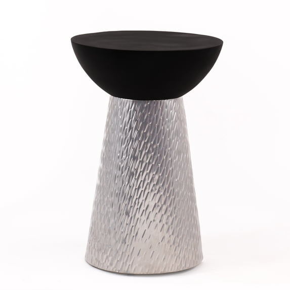 Modern Accent Side Table with Silver Hammered Metal Base & Matte Black Bowl Top – Decorative Round End Table for Living Room, Bedroom, or Entryway