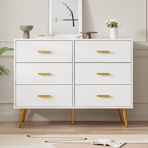 Modern Accent Sideboard Console Table with 6 Drawers, 42"W TV Stand Dresser with Gold Handle, Wood Chest Dresser with Deep Drawers for Bedroom, Living Room and Entryway