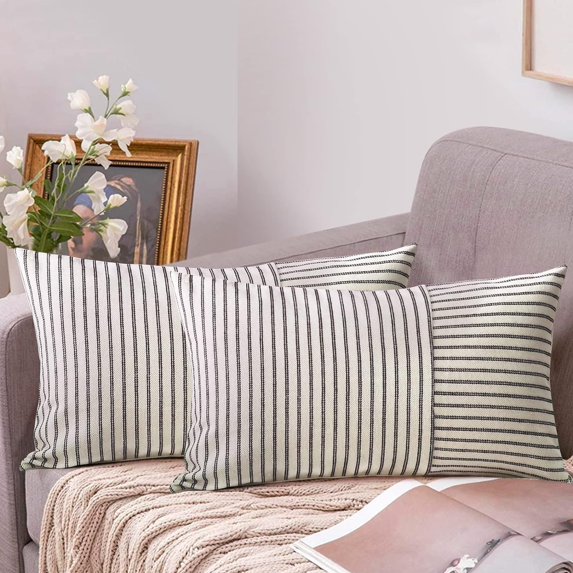 Modern Accent Square Throw Pillow Covers Set of 2 ，Striped Patchwork Linen Decorative Pillows Cushion Covers for Fall Decorations 12*20inch