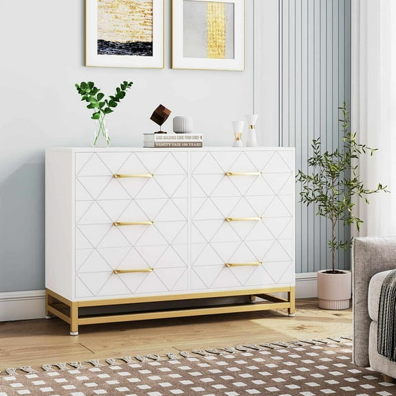 Modern Accent Storage Cabinet, Dresser for Bedroom with 6 Drawer, TV Stand Wood Dressers Chest of Drawers with Wide Drawers and Metal Handles for Living Room Hallway Entryway