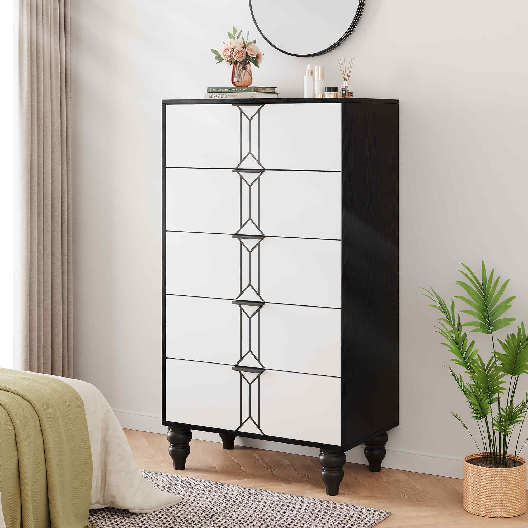 Modern Accent Storage Cabinet, Wooden 5 Drawer Dresser with Vintage Pattern Design, Tall Dresser ...