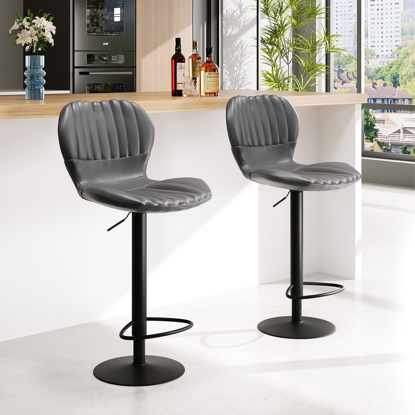 Gray Adjustable Swivel Bar Stools with High Backrest, Set of 4