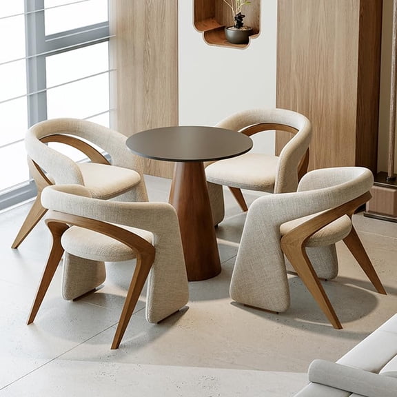 Modern Accent Table and Chair Set, Solid Wood Reception Lounge Group with Black Round Table, Upholstered Armchairs for Living Room, Office, Hotel Lobby (1 Table + 4 Chairs, Natural Wood/Beige)