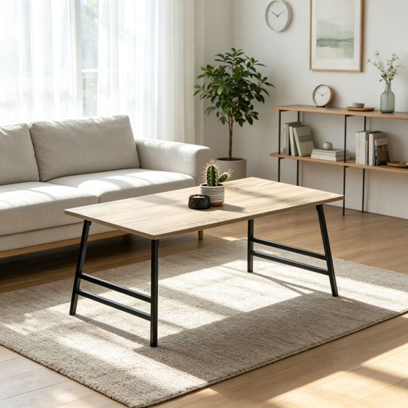 Modern Accent Table for Living Room, Brown Laminate Rectangular Cocktail Table with Metal Base
