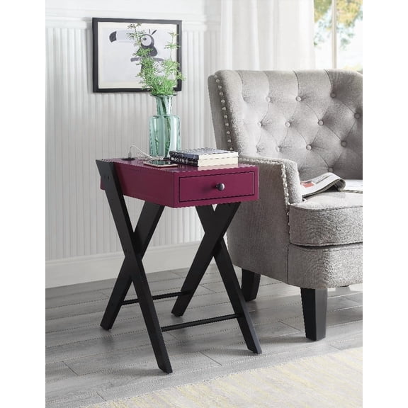 Modern Accent Table with Built-in USB Port and Rich Burgundy Top