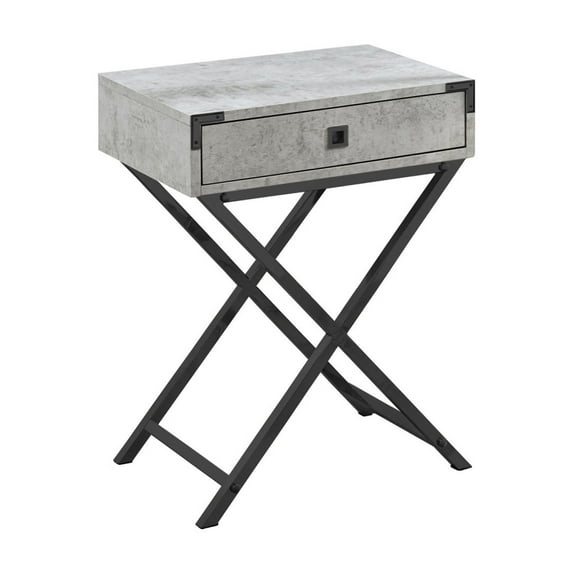 Modern Accent Table with Drawer, Grey Laminate and Black Metal, Side Table for Living Room Bedroom