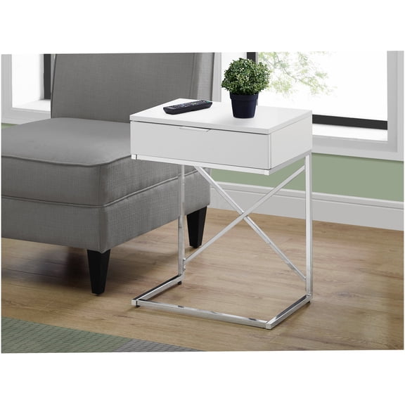Modern Accent Table with Storage Drawer, Glossy White Laminate and Chrome Metal X-Base, Small Side Table for Living Room or Bedroom