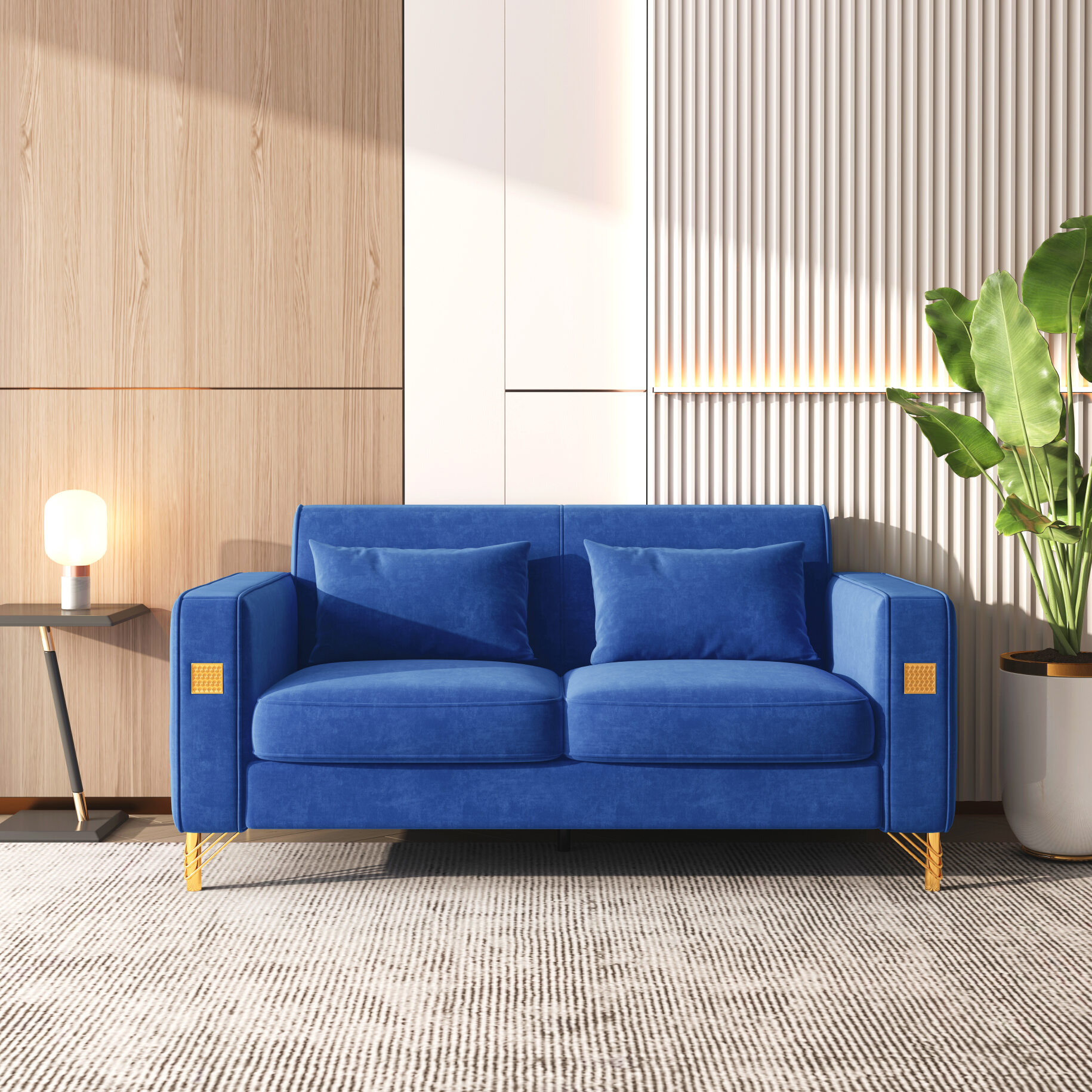 Modern Accent Velvet Loveseat with 2 Pillows and Gold Finish Metal Leg ...