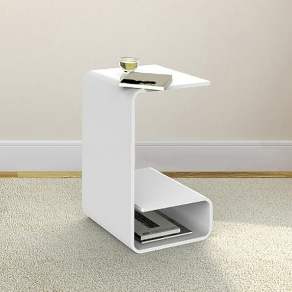 Modern Acrylic C-Shaped End Table with Open Storage Shelf (White)
